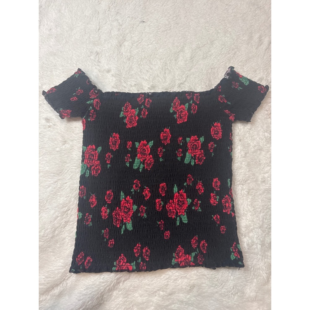 Hollister Smocked Top Women XS Black Good Red Rose Floral Off Shoulder Blouse‎